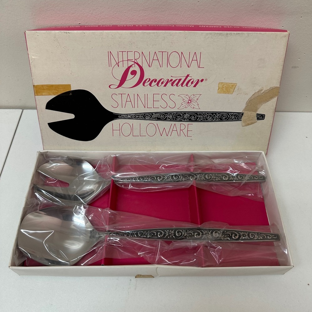 International Silver Co Decorator Stainless 1970 Salad Serving Set Floral Japan